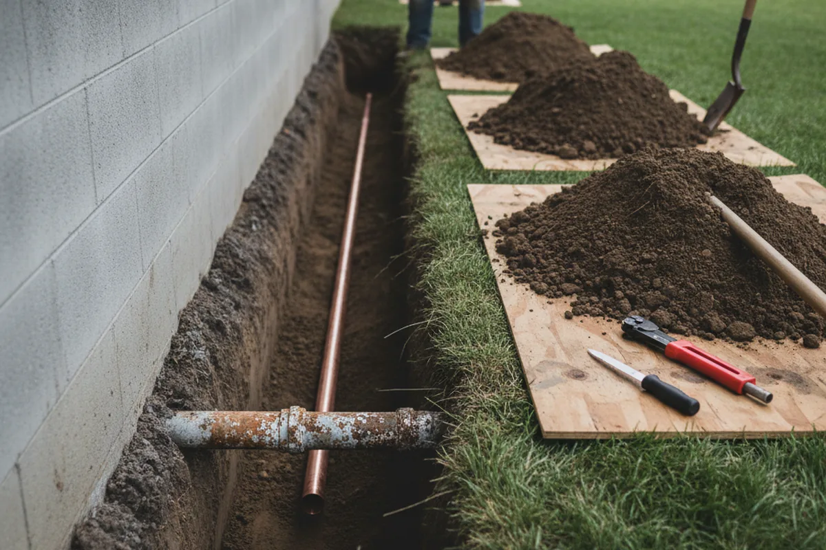 Excavated water line trench during Water Softener Installation in Bon Aqua